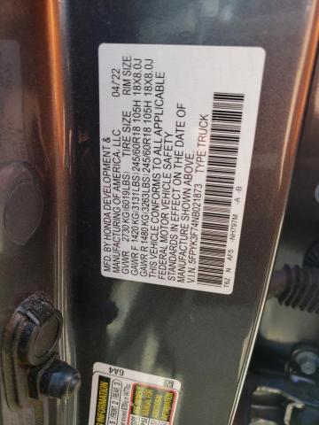 5FPYK3F74NB021873 - 2022 HONDA RIDGELINE RTL GRAY photo 12