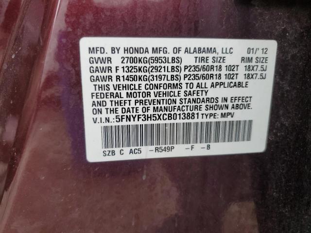 5FNYF3H5XCB013881 - 2012 HONDA PILOT EXL მუქწითელი ფოტო 14