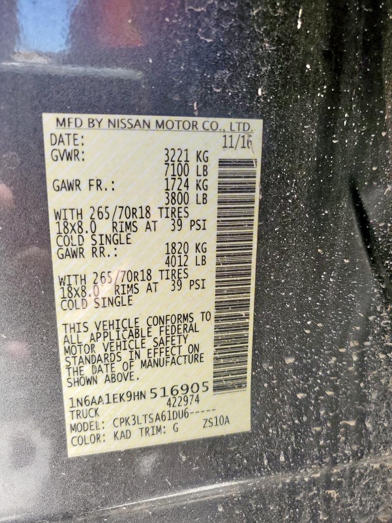 1N6AA1EK9HN516905 - 2017 NISSAN TITAN S CHARCOAL photo 12