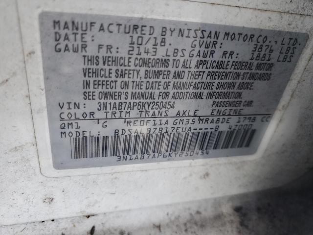 3N1AB7AP6KY250454 - 2019 NISSAN SENTRA S WHITE photo 12