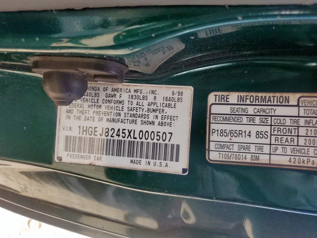 1HGEJ8245XL000507 - 1999 HONDA CIVIC EX GREEN photo 12