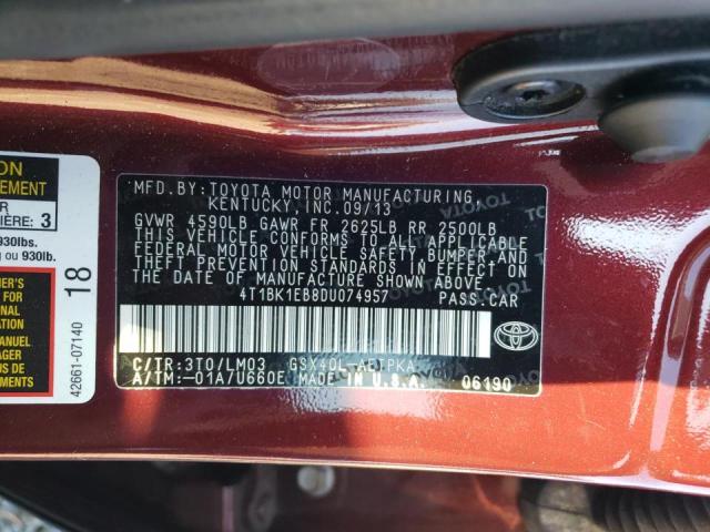 4T1BK1EB8DU074957 - 2013 TOYOTA AVALON BASE BURGUNDY photo 10