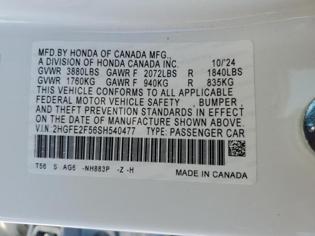 2HGFE2F56SH540477 - 2025 HONDA CIVIC SPORT WHITE photo 12
