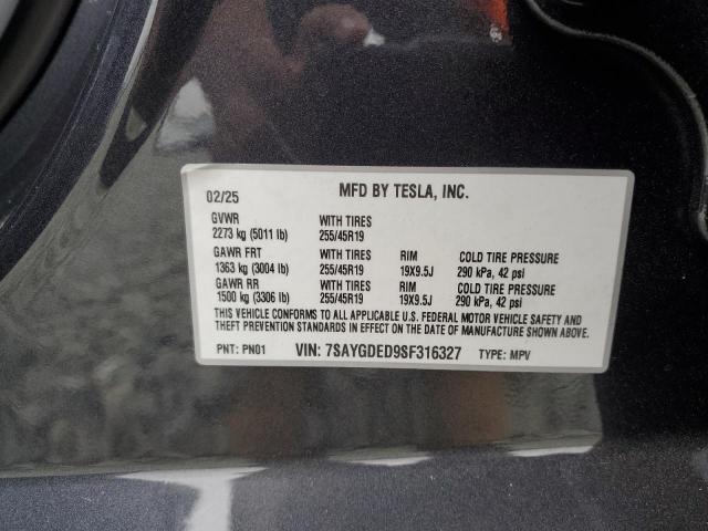 7SAYGDED9SF316327 - 2025 TESLA MODEL Y GRAY photo 13