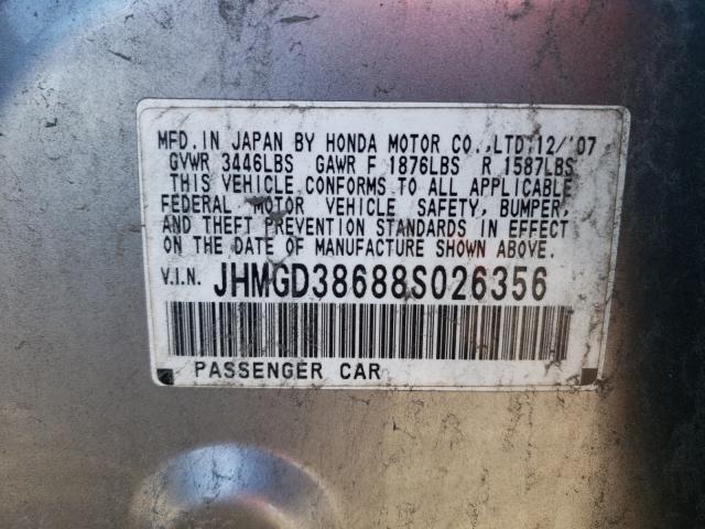 JHMGD38688S026356 - 2008 HONDA FIT SPORT SILVER photo 10