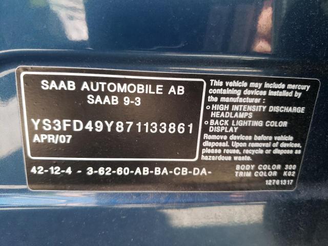 YS3FD49Y871133861 - 2007 SAAB 9-3 2.0T BLUE photo 12