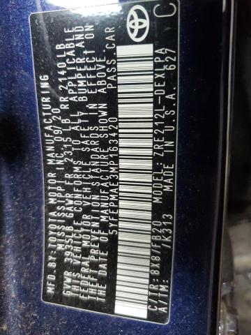 5YFEPMAE3MP163420 - 2021 TOYOTA COROLLA LE BLUE photo 12