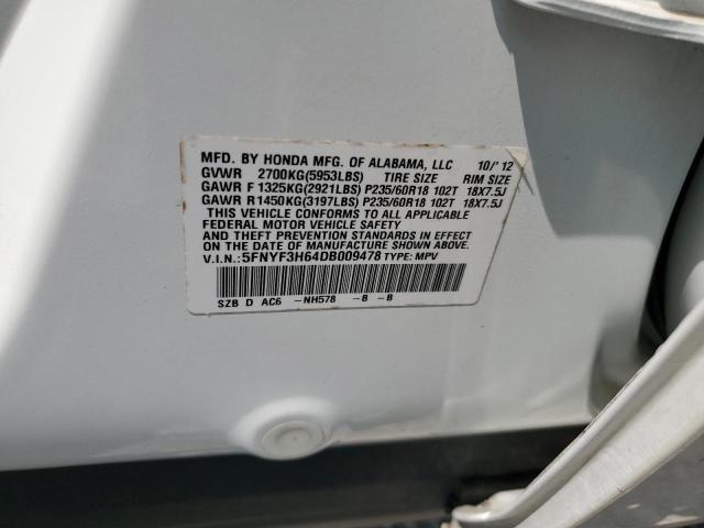 5FNYF3H64DB009478 - 2013 HONDA PILOT EXL თეთრი ფოტო 13