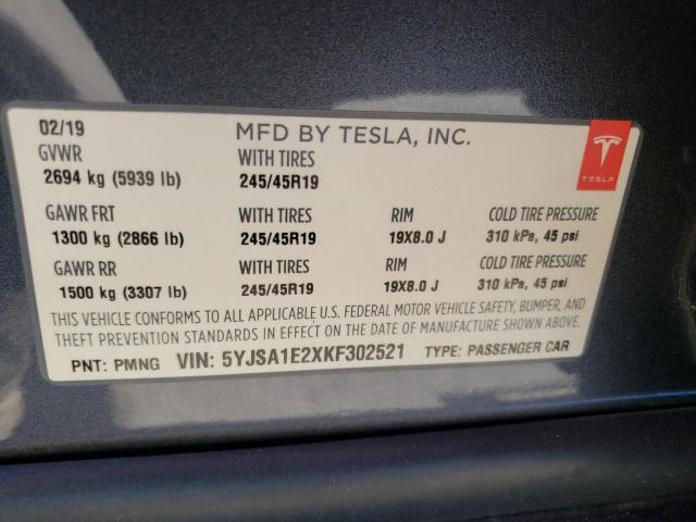 5YJSA1E2XKF302521 - 2019 TESLA MODEL S GRAY photo 12