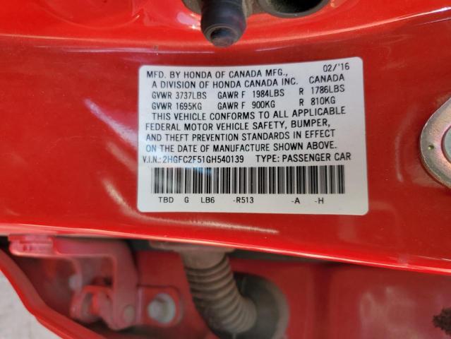 2HGFC2F51GH540139 - 2016 HONDA CIVIC LX RED photo 12