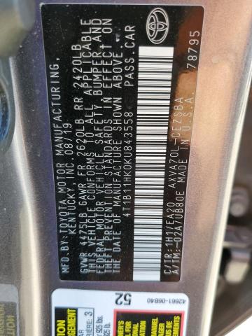 4T1B11HK0KU843558 - 2019 TOYOTA CAMRY L GRAY photo 12