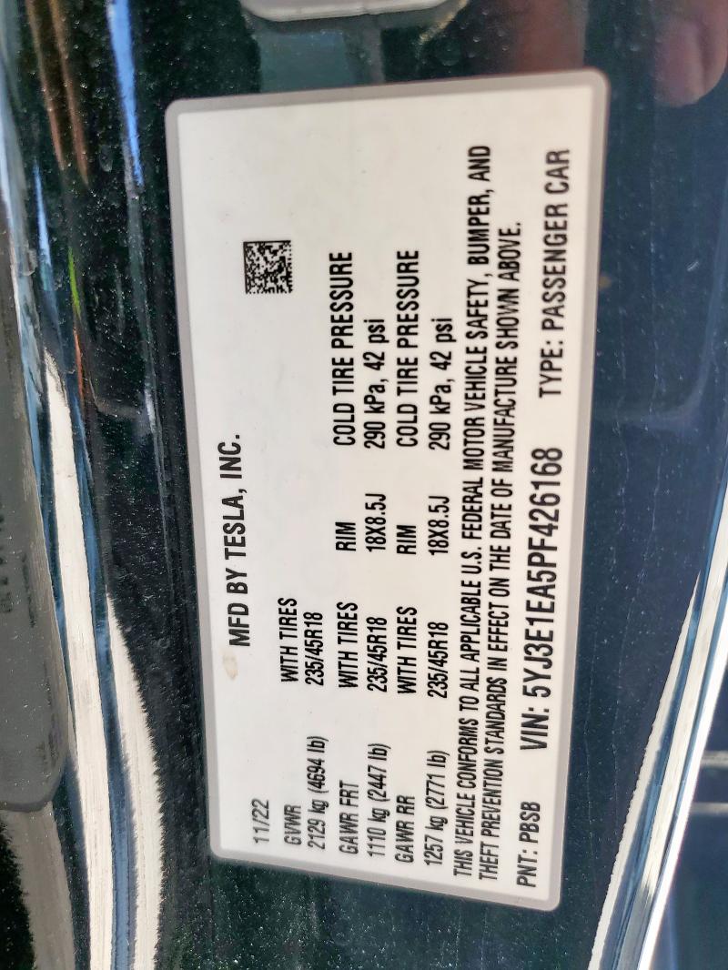 5YJ3E1EA5PF426168 - 2023 TESLA MODEL 3 BLACK photo 12