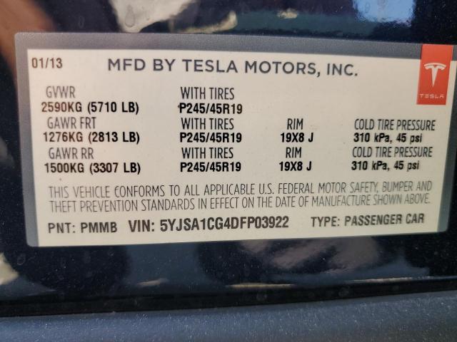 5YJSA1CG4DFP03922 - 2013 TESLA MODEL S BLUE photo 13