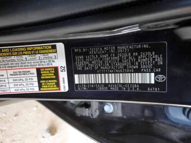 4T1T11AK7NU625846 - 2022 TOYOTA CAMRY SE შავი ფოტო 12