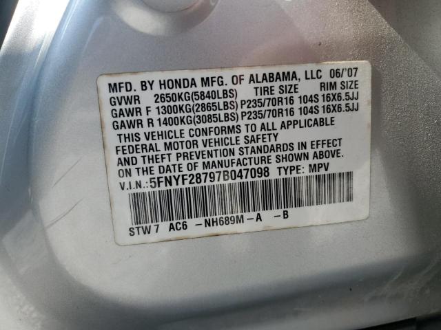 5FNYF28797B047098 - 2007 HONDA PILOT EXL SILVER photo 12