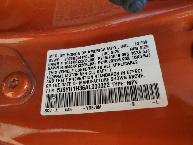 5J6YH1H36AL000322 - 2010 HONDA ELEMENT LX ORANGE photo 12