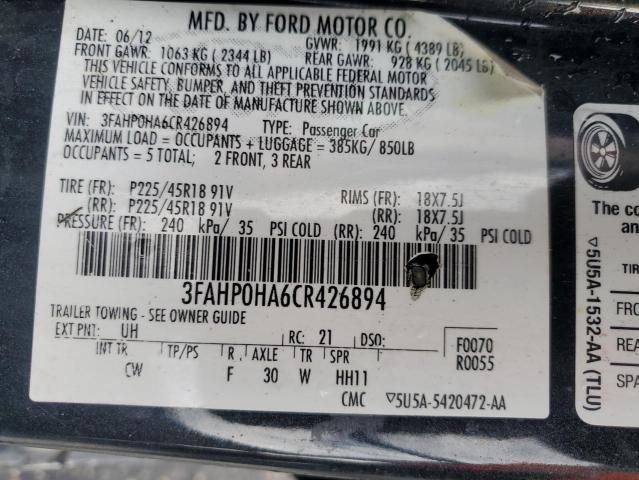 3FAHP0HA6CR426894 - 2012 FORD FUSION SE შავი ფოტო 12