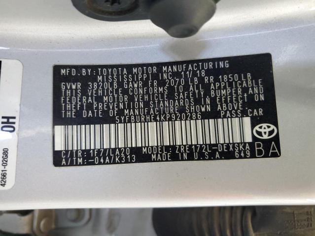 5YFBURHE4KP920286 - 2019 TOYOTA COROLLA L SILVER photo 13