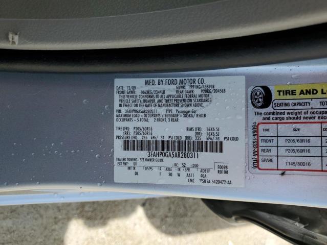 3FAHP0GA5AR280311 - 2010 FORD FUSION S SILVER photo 12