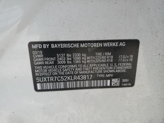 5UXTR7C52KLR43817 - 2019 BMW X3 SDRIVE30I WHITE photo 13