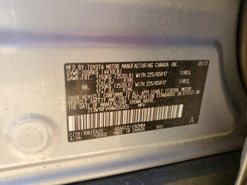 2T3W1RFV4NW205905 - 2022 TOYOTA RAV4 XLE SILVER photo 14