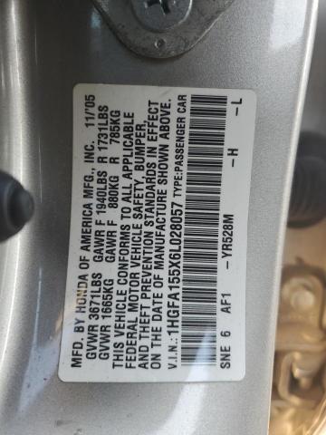 1HGFA155X6L028057 - 2006 HONDA CIVIC LX 米色 照片 12