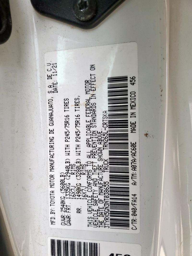 3TYRX5GN3NT038655 - 2022 TOYOTA TACOMA ACCESS CAB თეთრი ფოტო 12