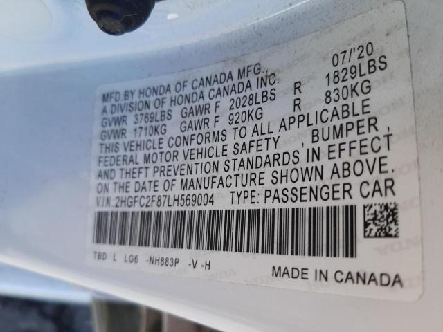 2HGFC2F87LH569004 - 2020 HONDA CIVIC SPORT 白色 照片 12