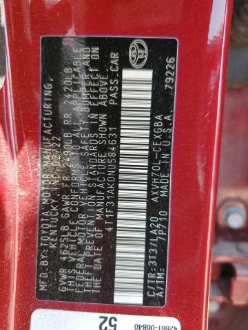 4T1F31AK0NU584631 - 2022 TOYOTA CAMRY XLE MAROON photo 12