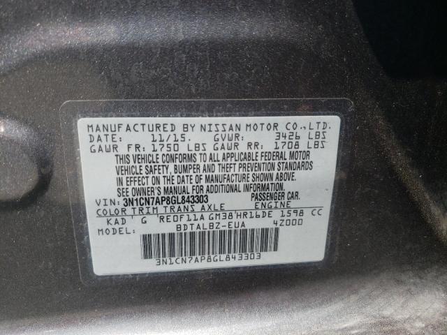 3N1CN7AP8GL843303 - 2016 NISSAN VERSA S GRAY photo 12