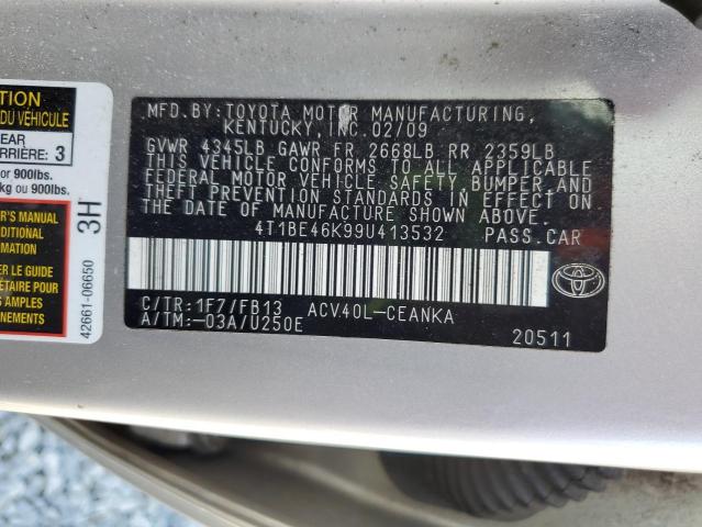 4T1BE46K99U413532 - 2009 TOYOTA CAMRY BASE SILVER photo 12