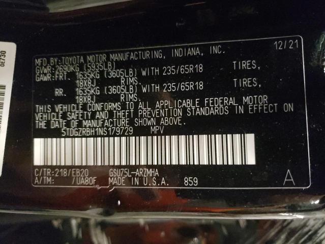 5TDGZRBH1NS179729 - 2022 TOYOTA HIGHLANDER XLE შავი ფოტო 13