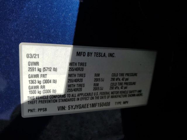 5YJYGAEE1MF150408 - 2021 TESLA MODEL Y BLUE photo 14