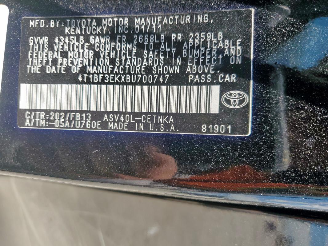 4T1BF3EKXBU700747 - 2011 TOYOTA CAMRY BASE Қара фото 12