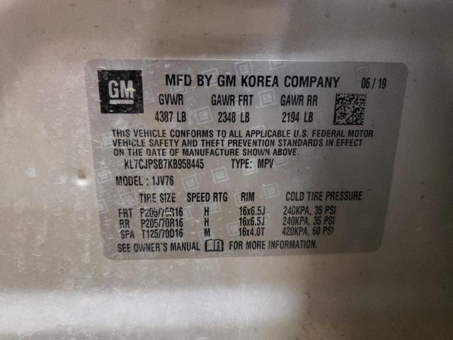 KL7CJPSB7KB958445 - 2019 CHEVROLET TRAX 1LT ვერცხლისფერი ფოტო 13