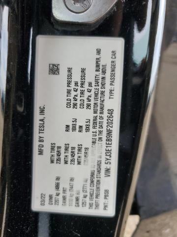 5YJ3E1EB9NF202648 - 2022 TESLA MODEL 3 黑色 照片 12