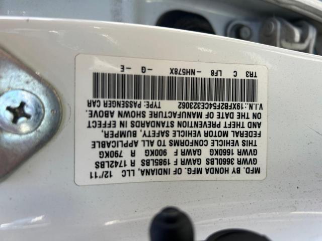 19XFB2F54CE323062 - 2012 HONDA CIVIC LX WHITE photo 10