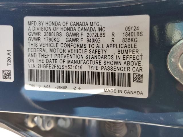 2HGFE2F52SH531016 - 2025 HONDA CIVIC SPORT BLUE photo 12