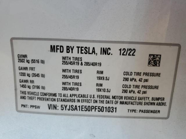 5YJSA1E50PF501031 - 2023 TESLA MODEL S 白色 照片 13