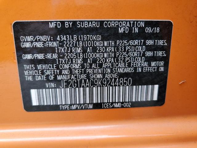 JF2GTAAC9K9244850 - 2019 SUBARU CROSSTREK ORANGE photo 12