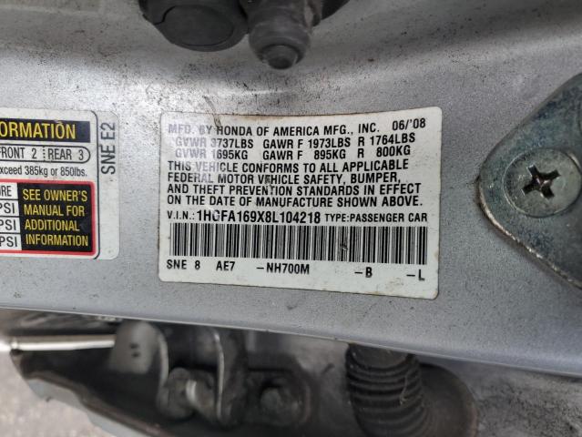 1HGFA169X8L104218 - 2008 HONDA CIVIC EXL ვერცხლისფერი ფოტო 12