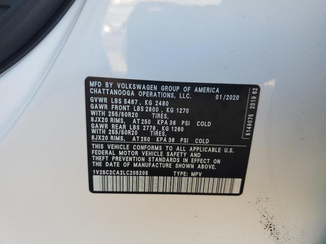 1V25C2CA2LC205205 - 2020 VOLKSWAGEN ATLAS CROS SE Белый фото 13