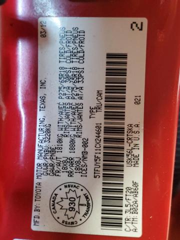 5TFUY5F11CX244601 - 2012 TOYOTA TUNDRA DOUBLE CAB SR5 RED photo 12