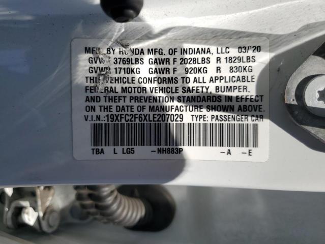 19XFC2F6XLE207029 - 2020 HONDA CIVIC LX WHITE photo 12