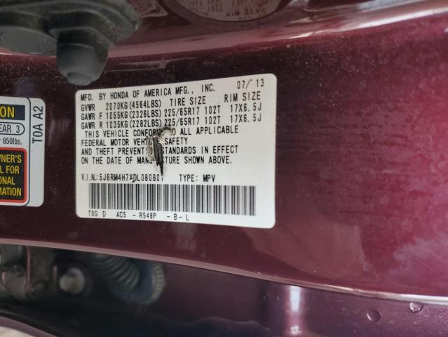 5J6RM4H7XDL080801 - 2013 HONDA CR-V EXL BURGUNDY photo 13