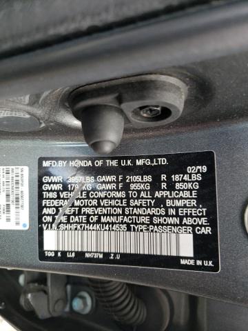 SHHFK7H44KU414535 - 2019 HONDA CIVIC SPORT 灰色 照片 12