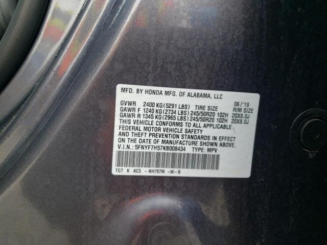 5FNYF7H57KB008434 - 2019 HONDA PASSPORT EXL رمادي صورة 12
