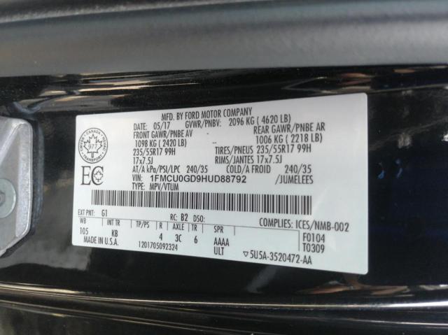 1FMCU0GD9HUD88792 - 2017 FORD ESCAPE SE BLACK photo 10