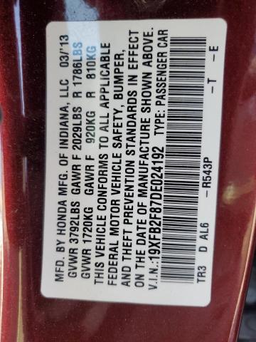 19XFB2F87DE024192 - 2013 HONDA CIVIC EX MAROON photo 12
