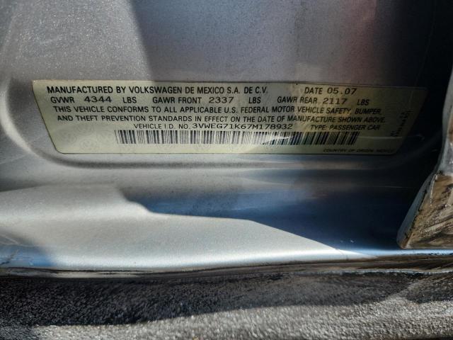 3VWEG71K67M178932 - 2007 VOLKSWAGEN JETTA WOLFSBURG 银色 照片 12